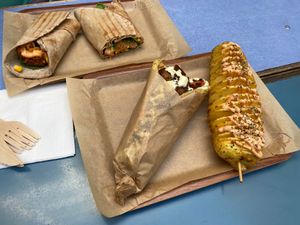 Cauliflower Wrap (back) and their Mushroom Gyro (front) at Vegan Beat in Athens