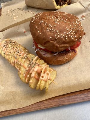 Vegan Bean Burger and stacked fries   at Vegan Beat in Athens