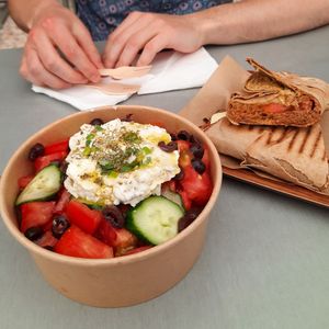 Salad and lajmacun at Vegan Beat in Athens