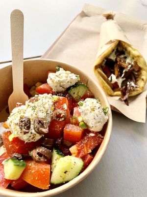 Greek salat & space gyros  at Vegan Beat in Athens