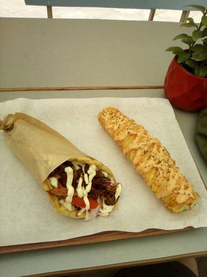 Mushroom gyros and potatoes at Vegan Beat in Athens