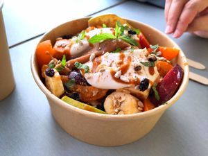 Fruit salad with greek yoghurt at Vegan Beat in Athens