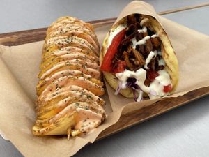 Spiral potato with Beat sauce (left, €2.80) and a space gyro (€4.30).  at Vegan Beat in Athens