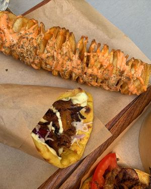 Spiralled potatoes and space gyros  at Vegan Beat in Athens
