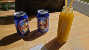 Beverage (local beer and homemade lemonade with ginger) at Vegan Beat in Athens