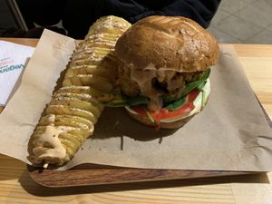 Cauli-wonder burger and spiral potato  at Vegan Beat in Athens