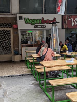 Tables outside at Vegan Beat in Athens
