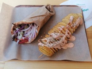 Space Gyros and Spiral Potato at Vegan Beat in Athens
