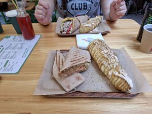 Cannot remember the name but sunflower seed meat alternative in a pitta with spiral potatoes at Vegan Beat in Athens