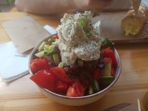 Salad with vegan feta cream (yummy!) at Vegan Beat in Athens