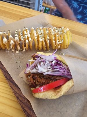 Gyros and spiral potato at Vegan Beat in Athens