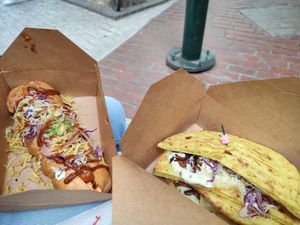 Carrot (hot) dog and Skepaski Pitta at Vegan Beat in Athens