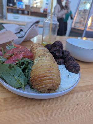 Meatballs and spiral potato at Vegan Beat in Athens