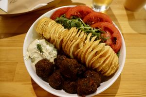 Meatballs and fried potato   at Vegan Beat in Athens