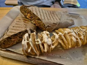 Lahmacun and spiral potato at Vegan Beat in Athens