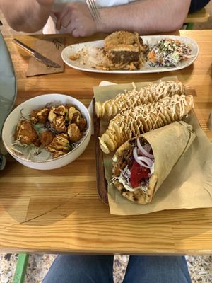 Pastitio, cauliflower nuggets, Pitogyro and spiral potatoes  at Vegan Beat in Athens