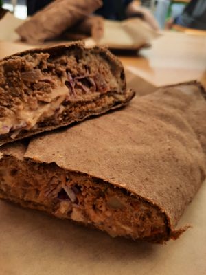 Red cabbage, tomato and hummus lamajun at Vegan Beat in Athens