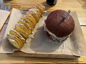 Big boss burger with spiral potatoes  at Vegan Beat in Athens