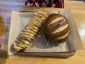 Cauliflower wings burger with spiral potatoes  at Vegan Beat in Athens