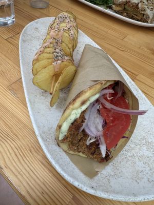 Space Gyros COMBO with sunflower mince substituting the mushrooms   at Vegan Beat in Athens