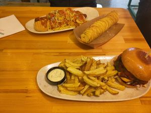 Tsimitsouri burger and carrot hotdog at Vegan Beat in Athens