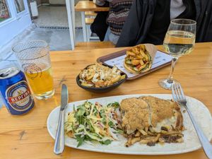 Epic Pastitsio and Gyros with some truffle fries at Rhino Vegan Beat in Athens