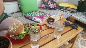 Bean&mushroom burger and greek gyros at Vegan Beat in Athens