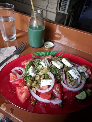 Vegan greek salad at Vegan Beat in Athens