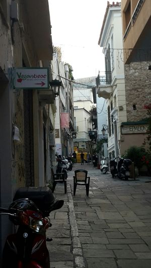 Sign from the side street off Pandrossou at Vegan Beat in Athens