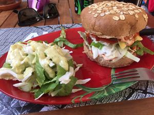 Top notch red bean and mushroom burger at Vegan Beat in Athens