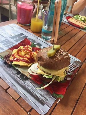 Red bean and mushroom burger at Vegan Beat in Athens