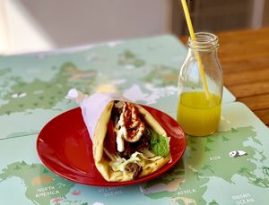 Straw made from Pasta and the best vegan Gyros! So so good!  at Vegan Beat in Athens