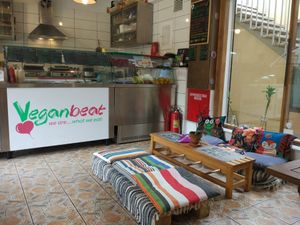 Some regular tables but also this little low table area at Vegan Beat in Athens