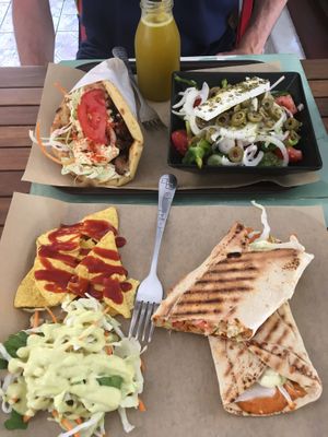 Gyro, salad and nugget tortilla wrap  at Vegan Beat in Athens