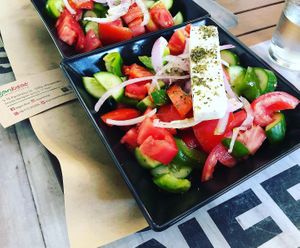 Greek salad with best feta in town at Vegan Beat in Athens