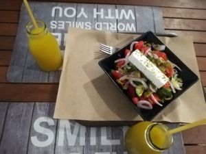 Greek salad and lemonade at Vegan Beat in Athens