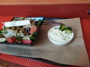 Greek salade and tzaziki at Vegan Beat in Athens