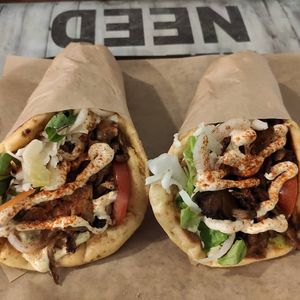 Greek gyros with oyster mushrooms, vegan tzatsiki, tahini and more  at Vegan Beat in Athens