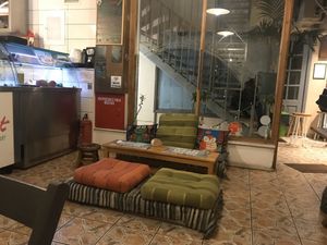 Some funky seating. at Vegan Beat in Athens