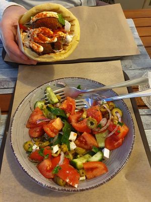 Greek salad and gyros at Vegan Beat in Athens