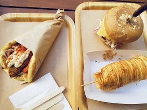 Vegan souvlaki & vegan burger, yummy swirl potatoes at Vegan Beat in Athens