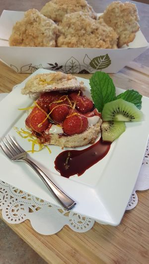 Roasted strawberries on a zesty coconut-lemon biscuit  at Vegan Delights by Lisa-Ann in Whitby