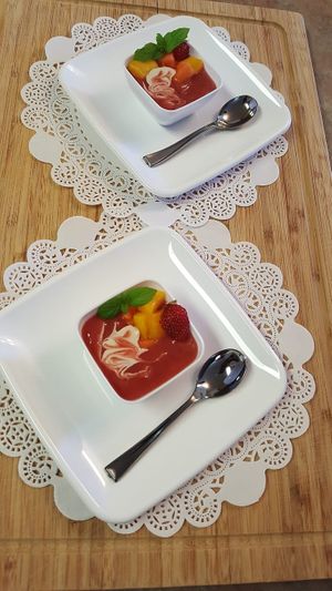 Fruit soup with cashew vanilla cream   at Vegan Delights by Lisa-Ann in Whitby