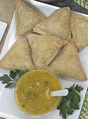 Samosa & mango chutney   at Vegan Delights by Lisa-Ann in Whitby