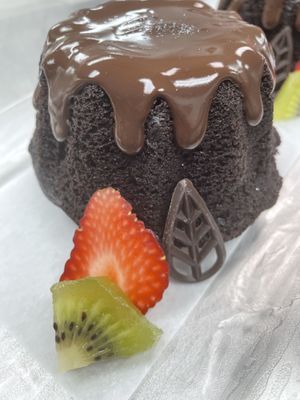 Chocolate Lava Bundt Cakes with very compotes  at Vegan Delights by Lisa-Ann in Whitby