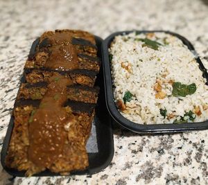 Lentil nut loaf with spinach rice pilaf at Vegan Delights by Lisa-Ann in Whitby