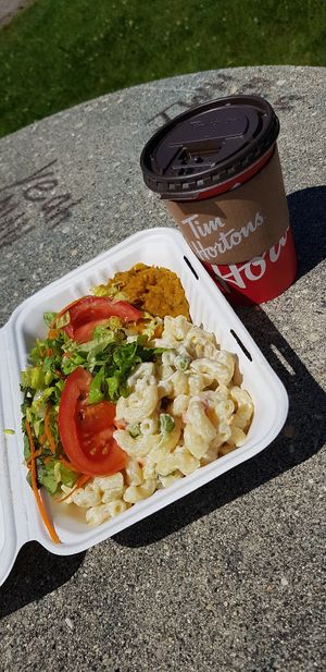 Daily special: macaroni salad and curried sweet potato at Vegan Delights by Lisa-Ann in Whitby