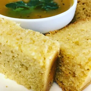 Cornbread with a Vegetable-Squash Soup.  at Vegan Delights by Lisa-Ann in Whitby