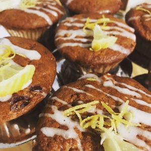 Cranberry Pecan Muffin topped with a Cream Cheese Glaze. at Vegan Delights by Lisa-Ann in Whitby