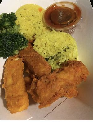 Breaded Tofu and Caribbean Vegetable Rice with a Sweet and Sour dipping sauce  at Vegan Delights by Lisa-Ann in Whitby